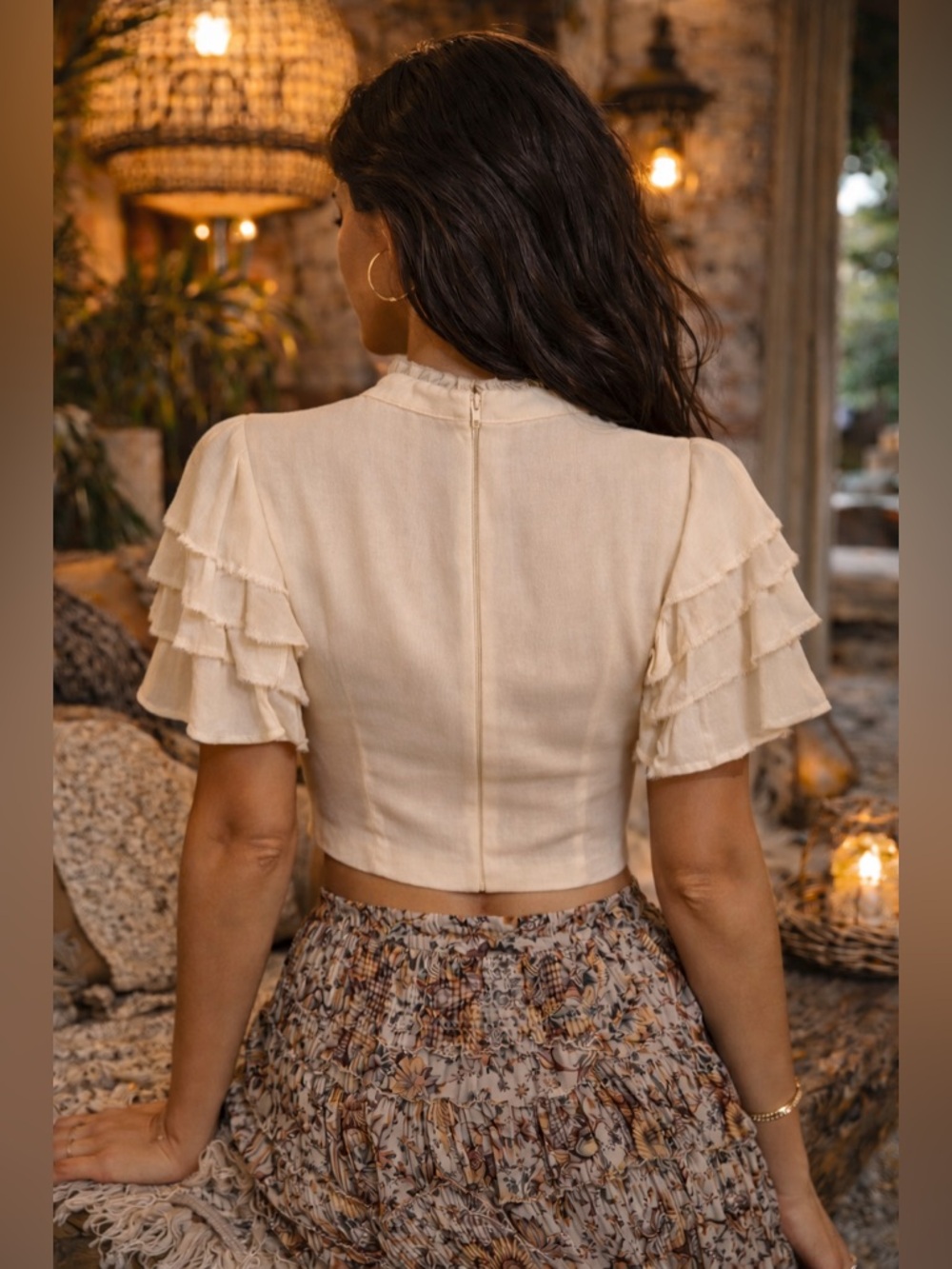 ✨ REFORMATION Ivory Silk Blend Ruffle Crop Top Romantic Boho Luxe | Size 4 - Picture 2 of 16